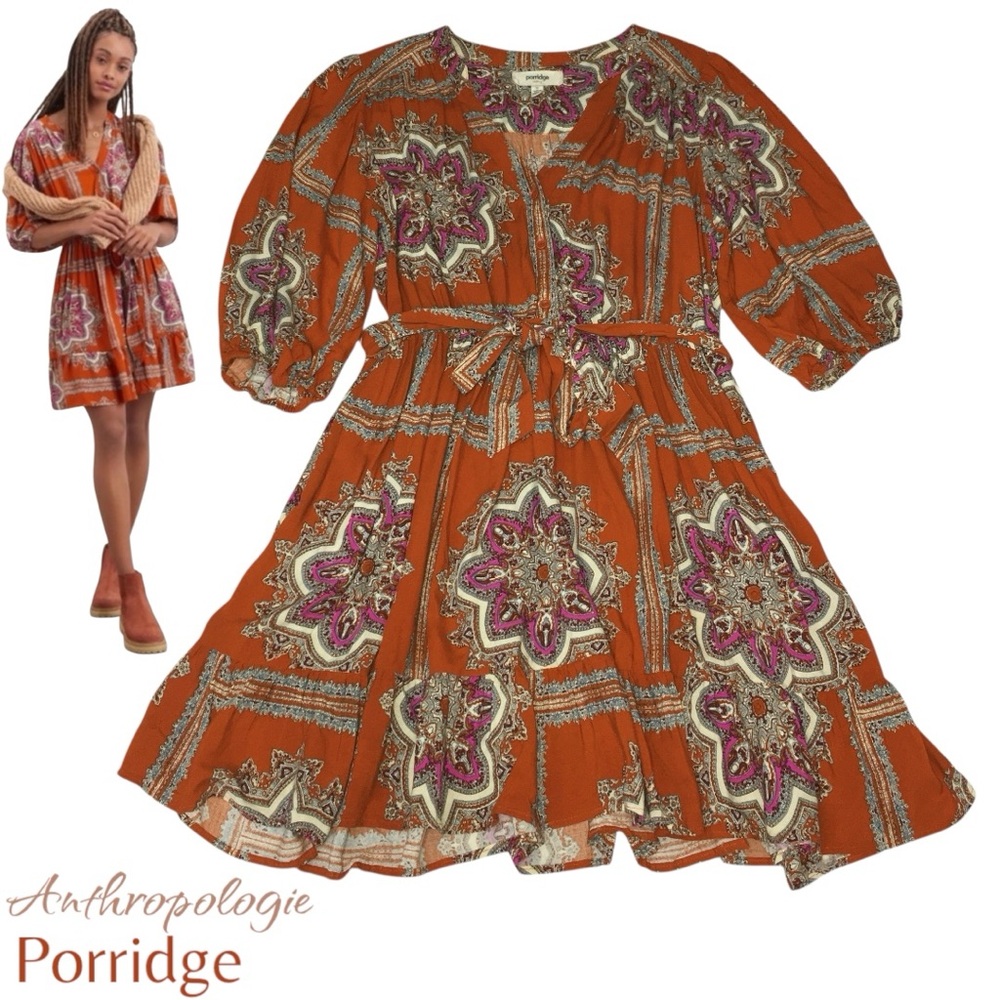 Anthropologie PORRIDGE Isabel Orange Paisley Tie Waist Mini Dress Women’s Medium - Picture 15 of 15